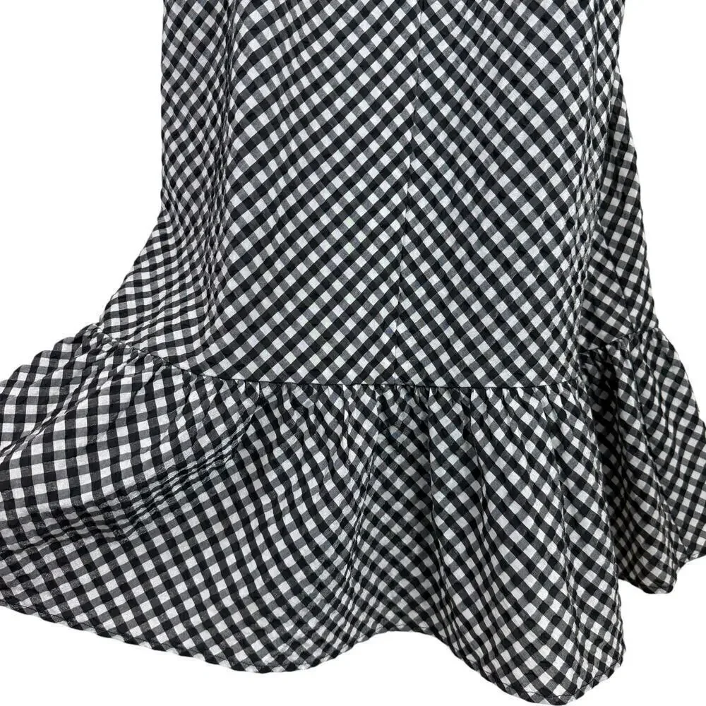 Ganni Gingham Check Seersucker Square Neck Puff Sleeve Dress Black White 12/44